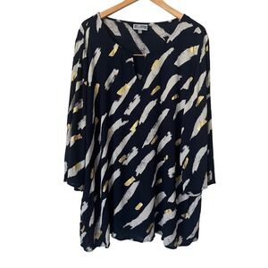 JM Collection Woman Navy Blue Gold Abstract Brushstroke Tunic Blouse 2X